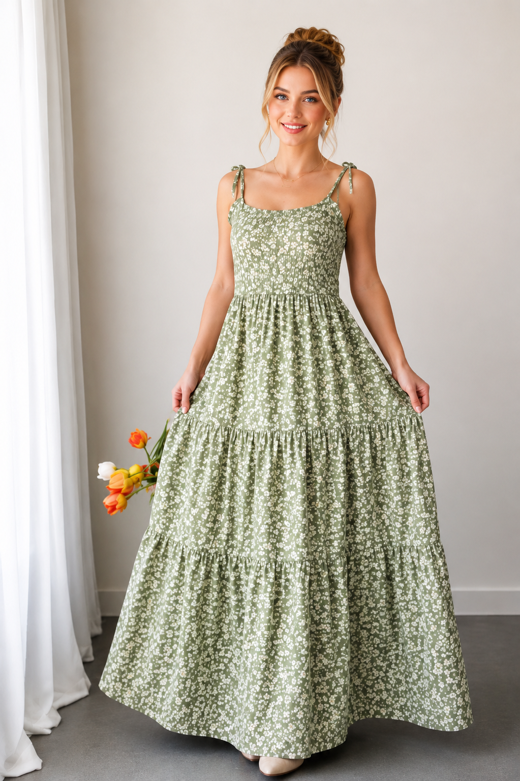 Robe Longue Bohème À Volants Imprimé Floral Vert – Bretelles Spaghetti Femme