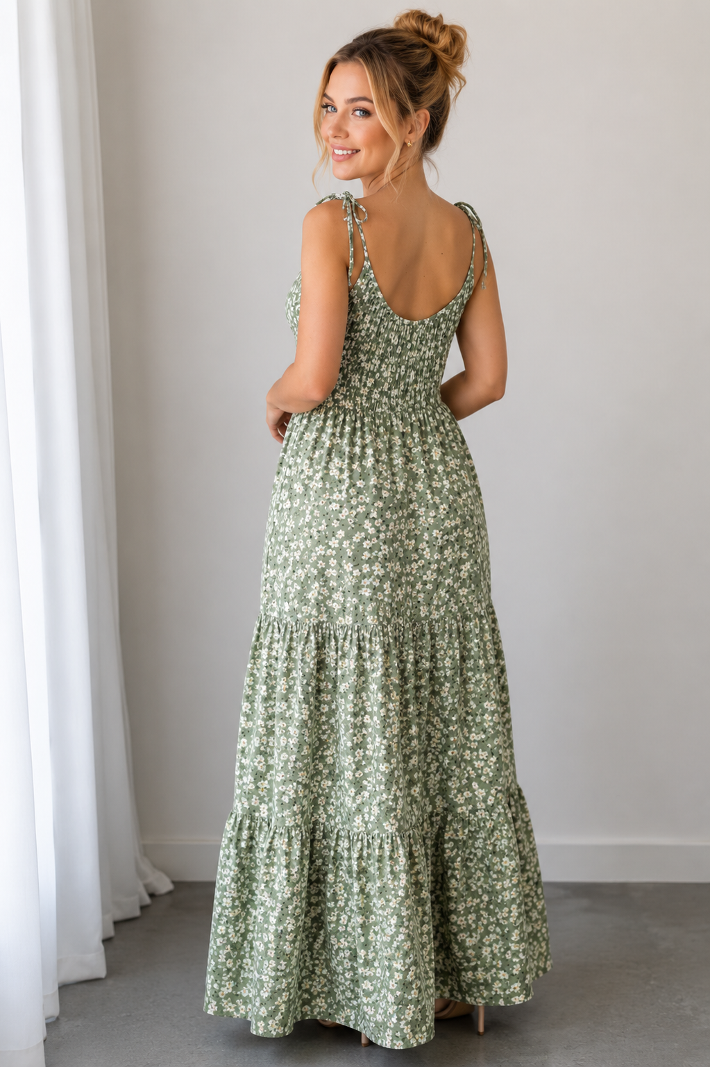 Robe Longue Bohème À Volants Imprimé Floral Vert – Bretelles Spaghetti Femme