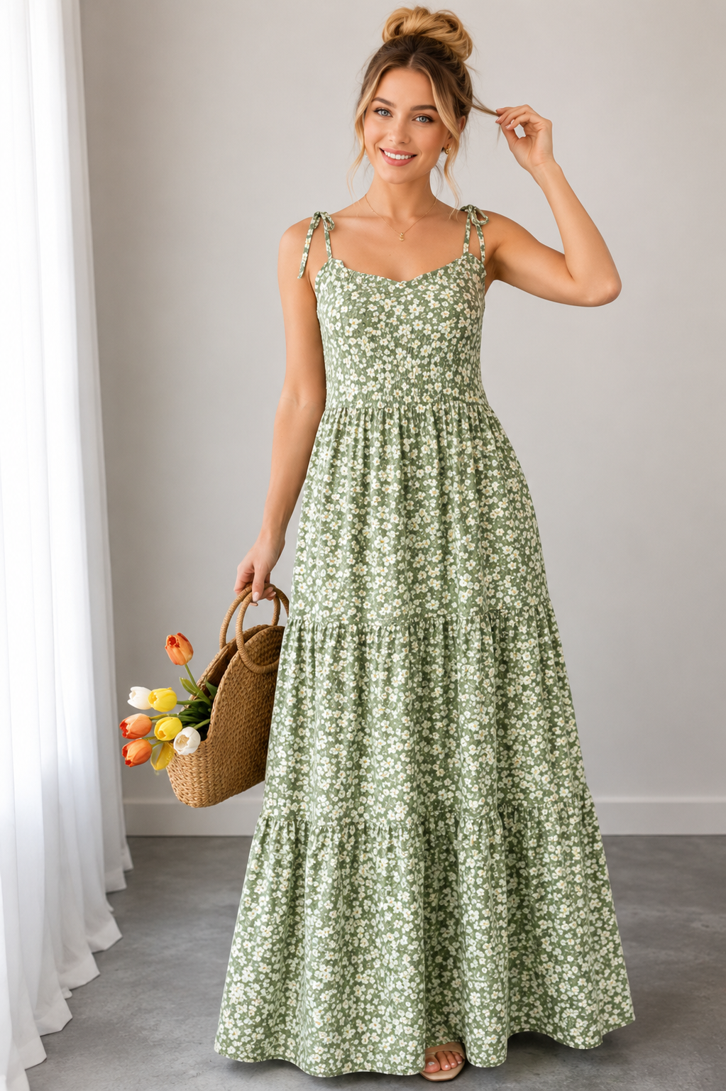 Robe Longue Bohème À Volants Imprimé Floral Vert – Bretelles Spaghetti Femme