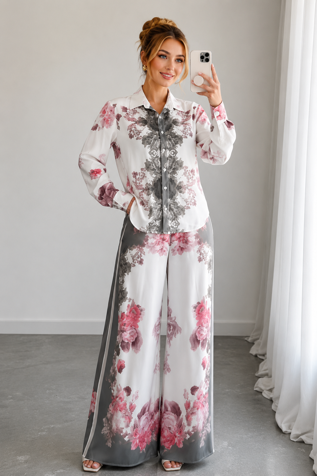Ensemble 2 Pièces Luxe Imprimé Rose Baroque – Chemise Manches Longues et Pantalon Large Femme