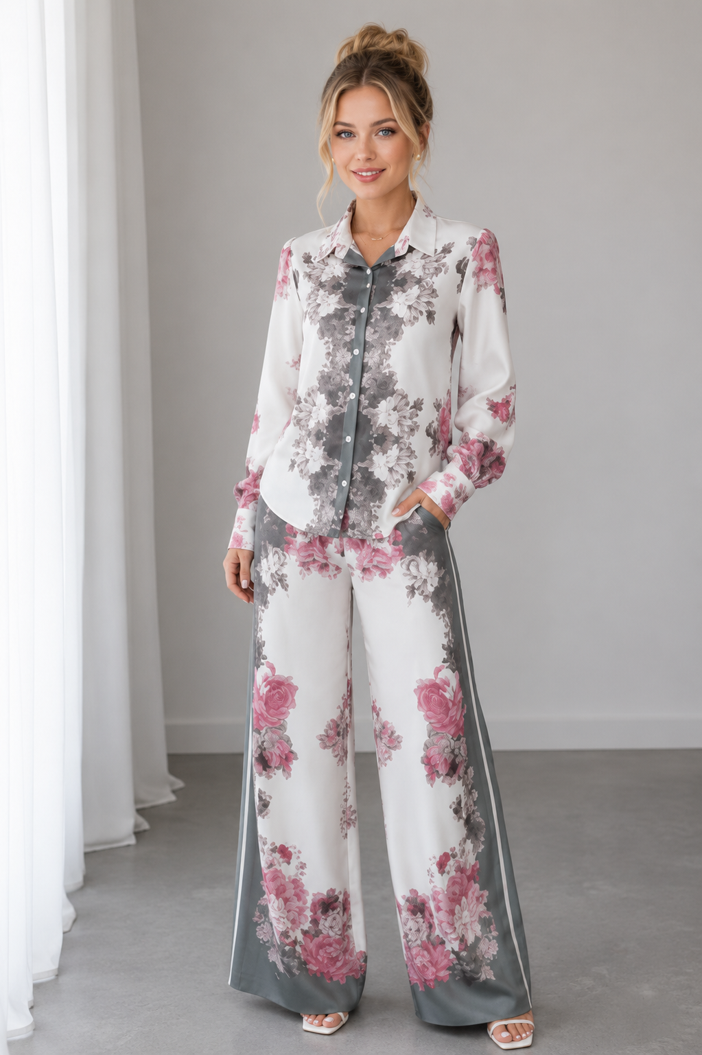 Ensemble 2 Pièces Luxe Imprimé Rose Baroque – Chemise Manches Longues et Pantalon Large Femme