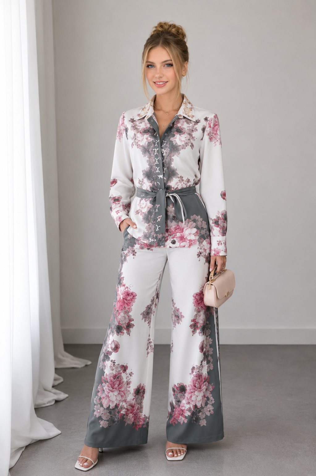 Ensemble 2 Pièces Luxe Imprimé Rose Baroque – Chemise Manches Longues et Pantalon Large Femme