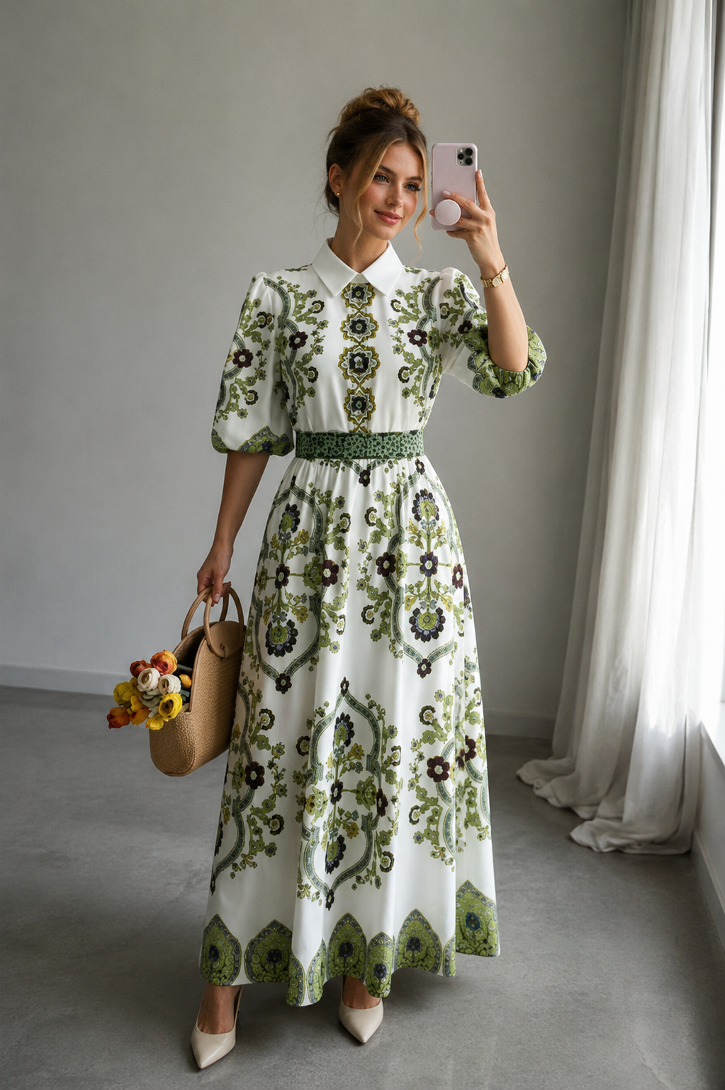 Robe Chemise Vintage À Imprimé Floral Totem – Manches Bouffantes Taille Haute Femme