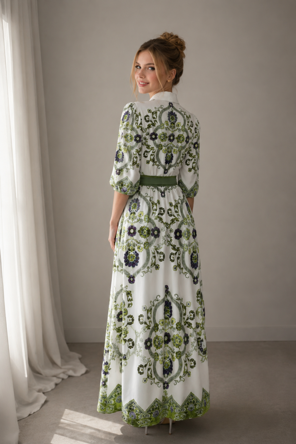 Robe Chemise Vintage À Imprimé Floral Totem – Manches Bouffantes Taille Haute Femme