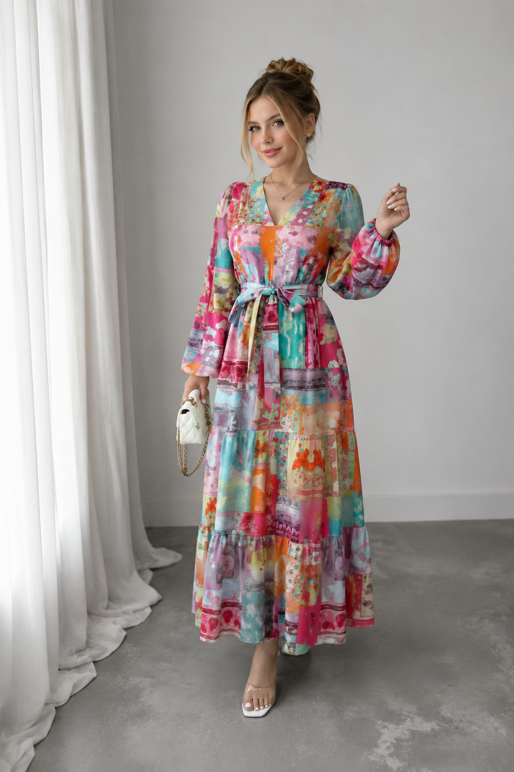 Robe Midi Florale Col en V Manches Princesse Évasées Ceinture À Nouer – Femme