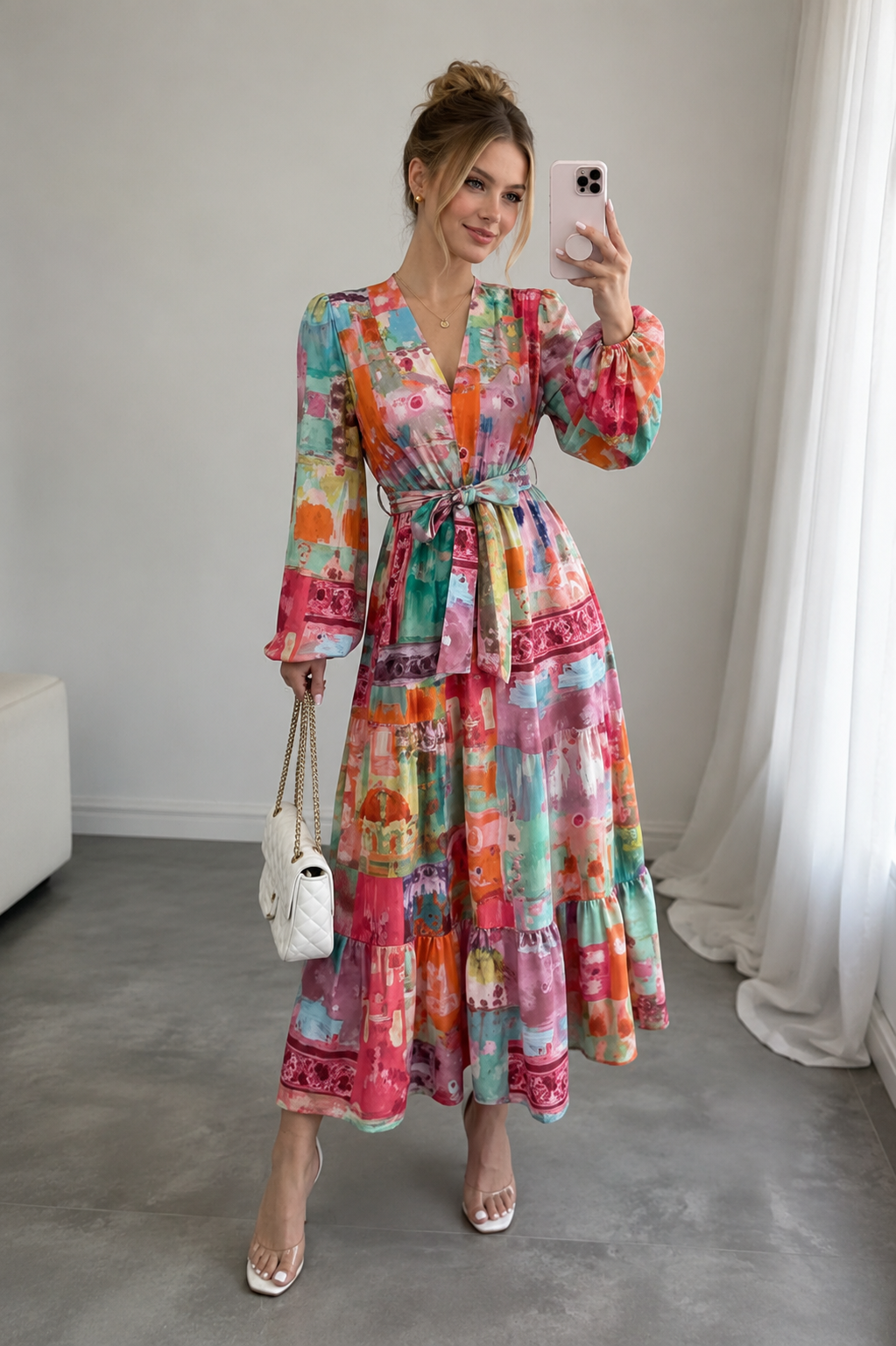 Robe Midi Florale Col en V Manches Princesse Évasées Ceinture À Nouer – Femme