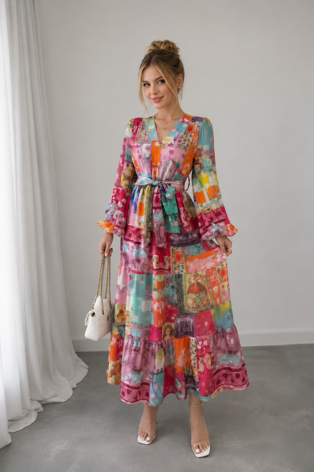 Robe Midi Florale Col en V Manches Princesse Évasées Ceinture À Nouer – Femme