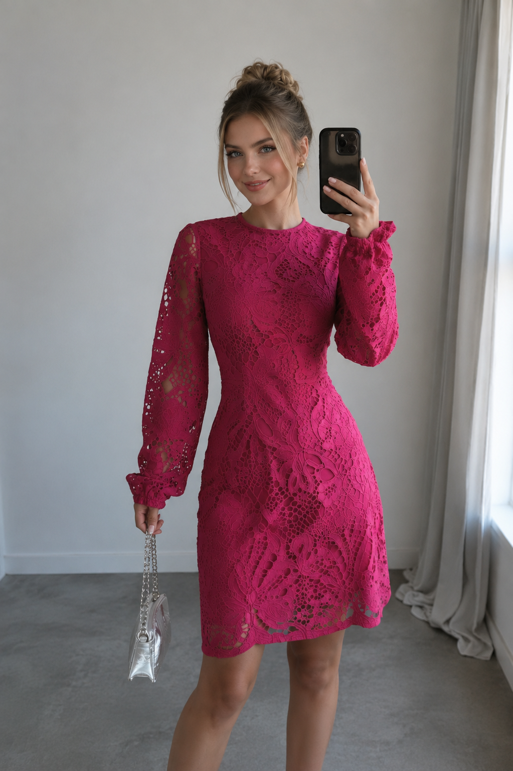 Mini Robe En Dentelle Florale Rose Vif – Manches Cloche Dos Trou de Serrure Femme