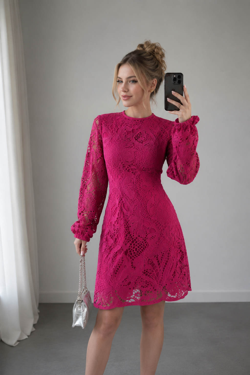 Mini Robe En Dentelle Florale Rose Vif – Manches Cloche Dos Trou de Serrure Femme