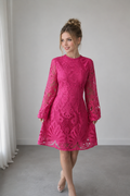 Mini Robe En Dentelle Florale Rose Vif – Manches Cloche Dos Trou de Serrure Femme