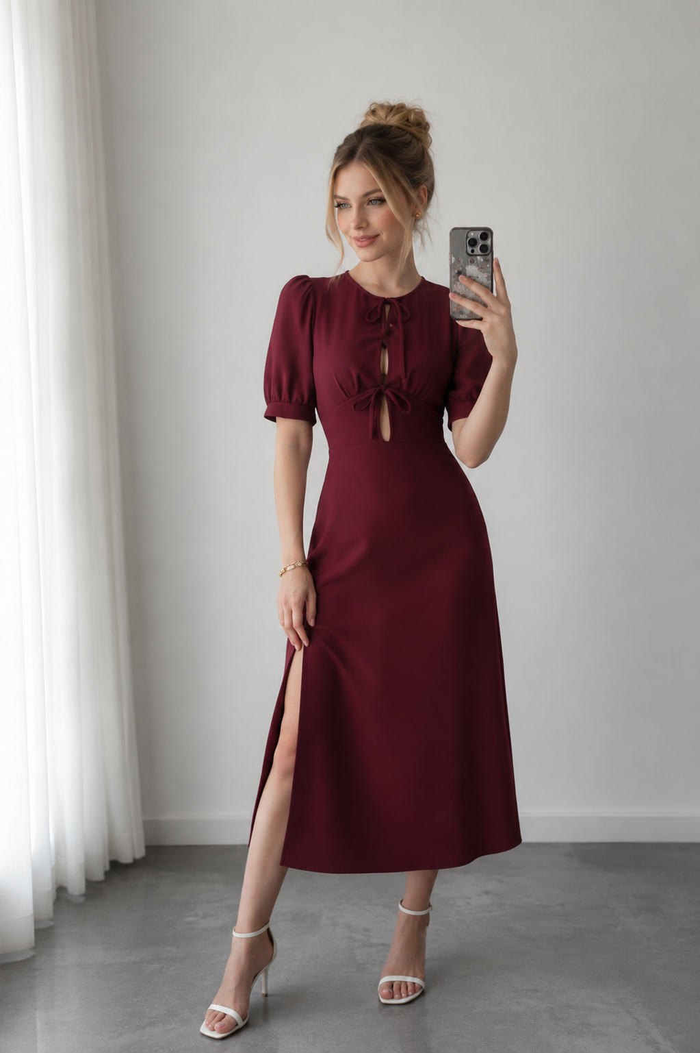 Robe Midi Bordeaux À Lacets et Manches Bouffantes – Coupe Trapèze Fente Femme
