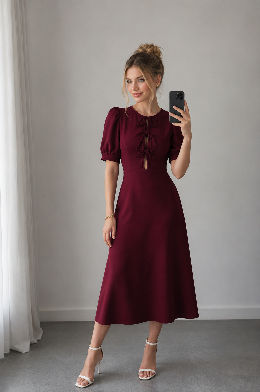 Robe Midi Bordeaux À Lacets et Manches Bouffantes – Coupe Trapèze Fente Femme