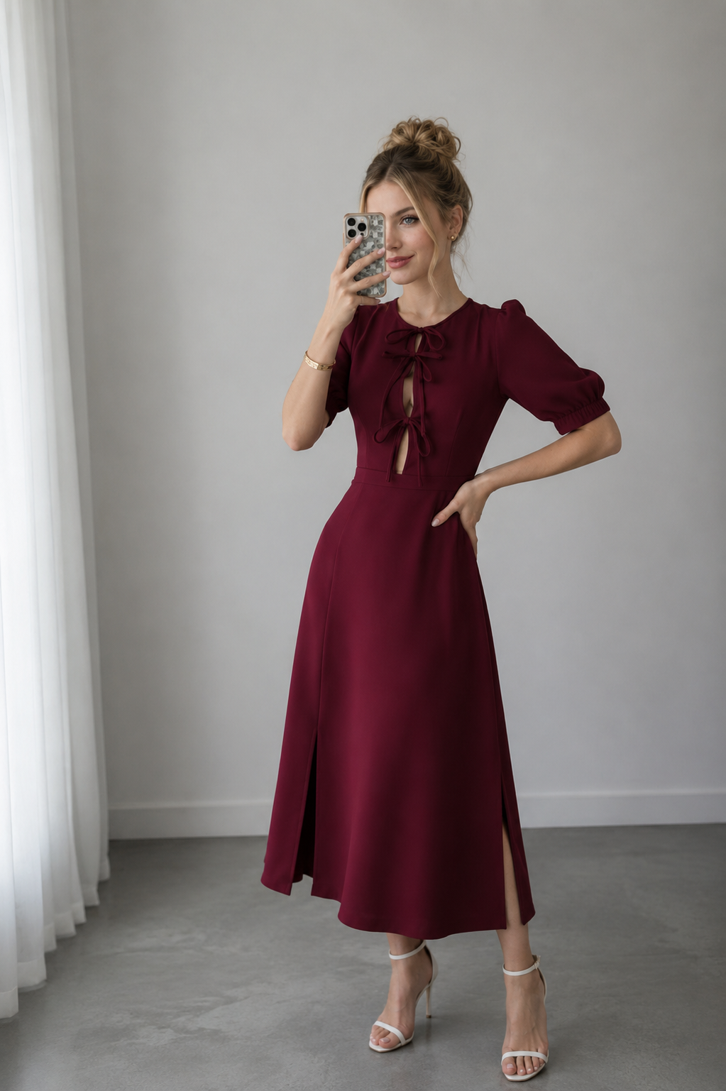 Robe Midi Bordeaux À Lacets et Manches Bouffantes – Coupe Trapèze Fente Femme