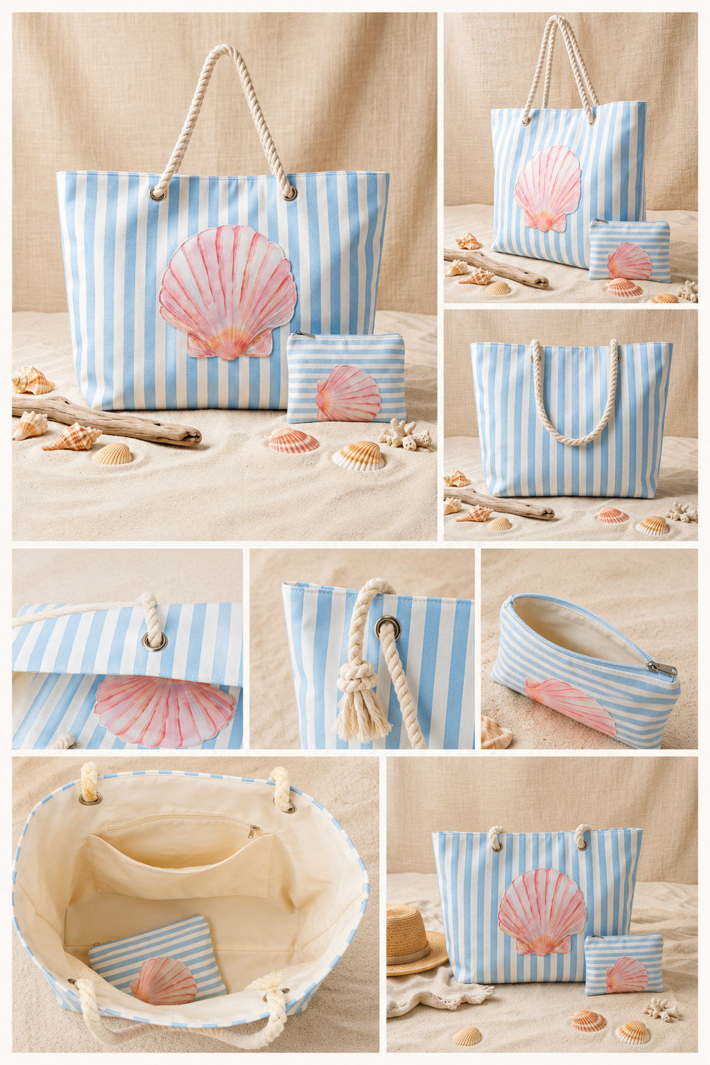 Ensemble Tote Bag & Pochette Coquillage Aquarelle – Collection Bord de Mer