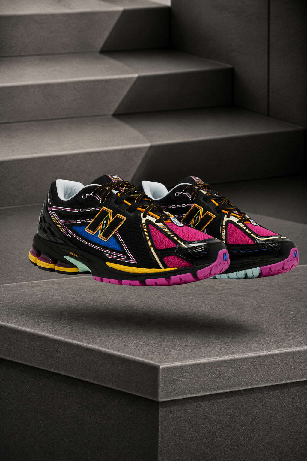 New Balance 1906R — Noir / Rose Fuchsia / Bleu / Jaune Moutarde