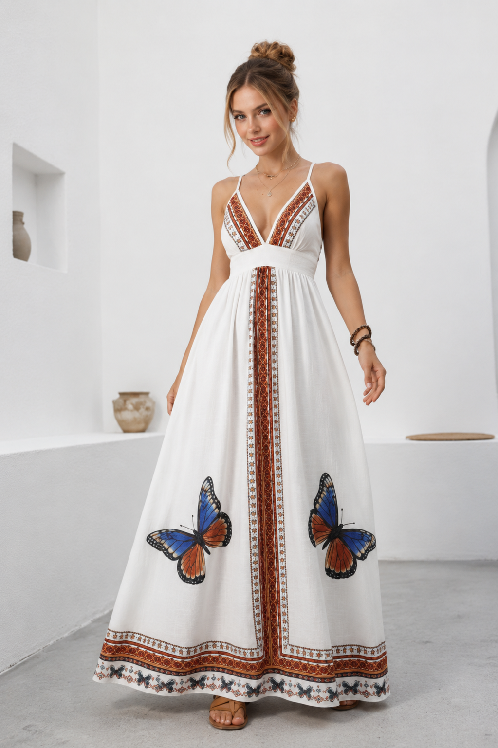 Robe Longue Bohème à Imprimé Papillon Dos Nu 🦋