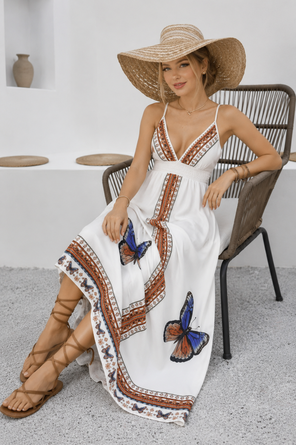 Robe Longue Bohème à Imprimé Papillon Dos Nu 🦋