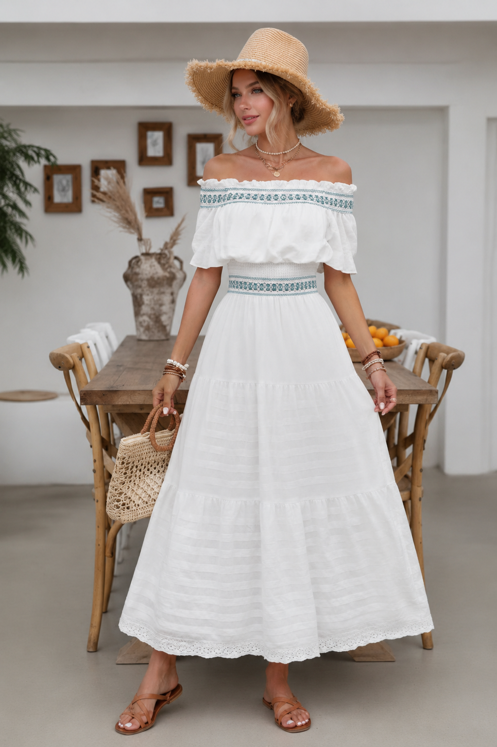 Robe Longue Épaules Dénudées à Volants – Tissu Texturé Femme