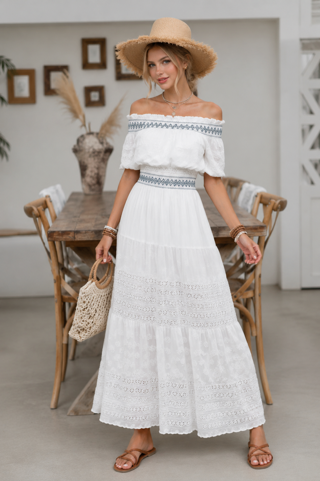 Robe Longue Épaules Dénudées à Volants – Tissu Texturé Femme