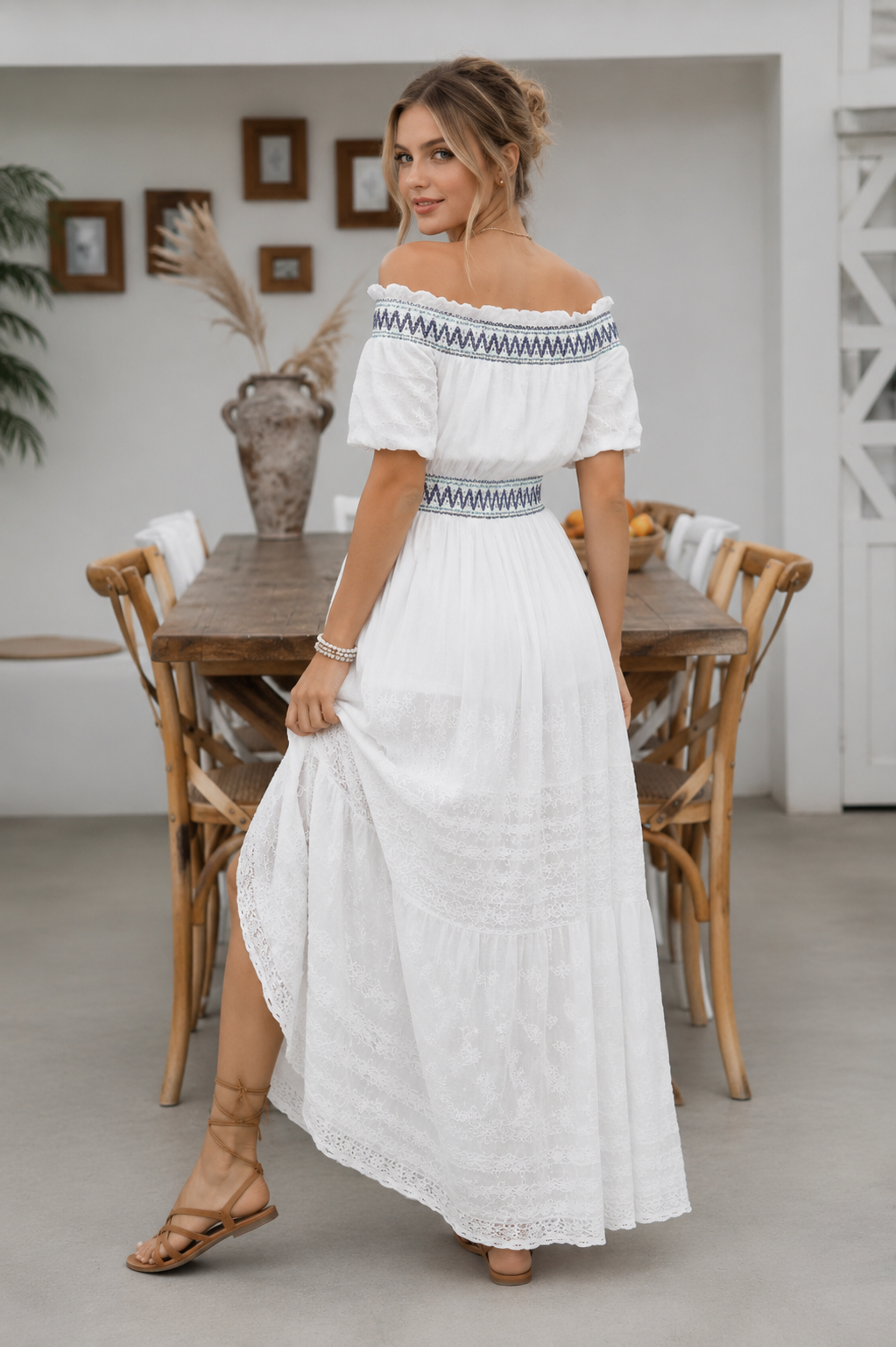 Robe Longue Épaules Dénudées à Volants – Tissu Texturé Femme