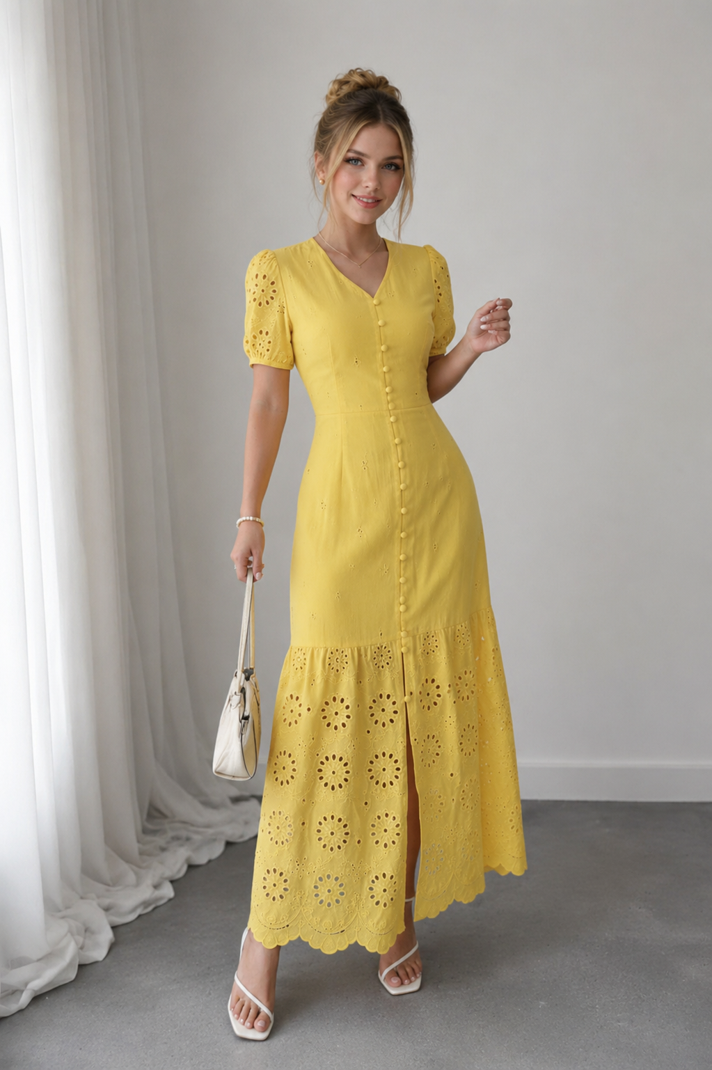 Robe Longue Brodée à Œillets & Col en V ✨