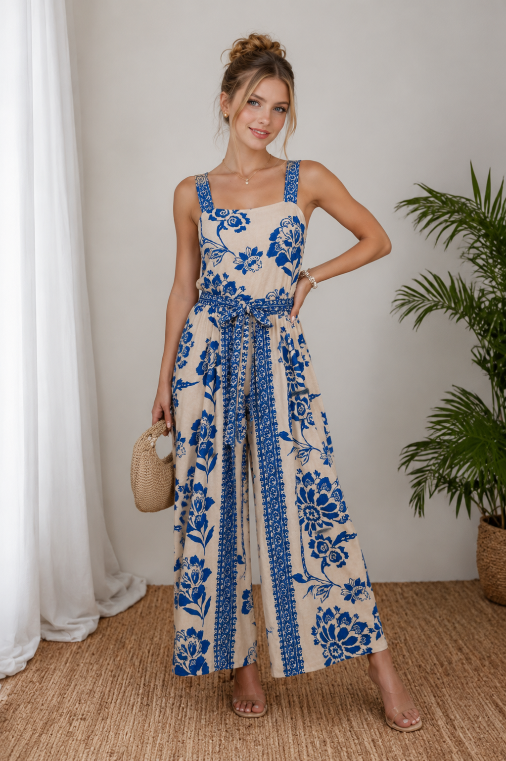 Combinaison Bohème à Imprimé Floral Bleu – Jambes Larges Femme