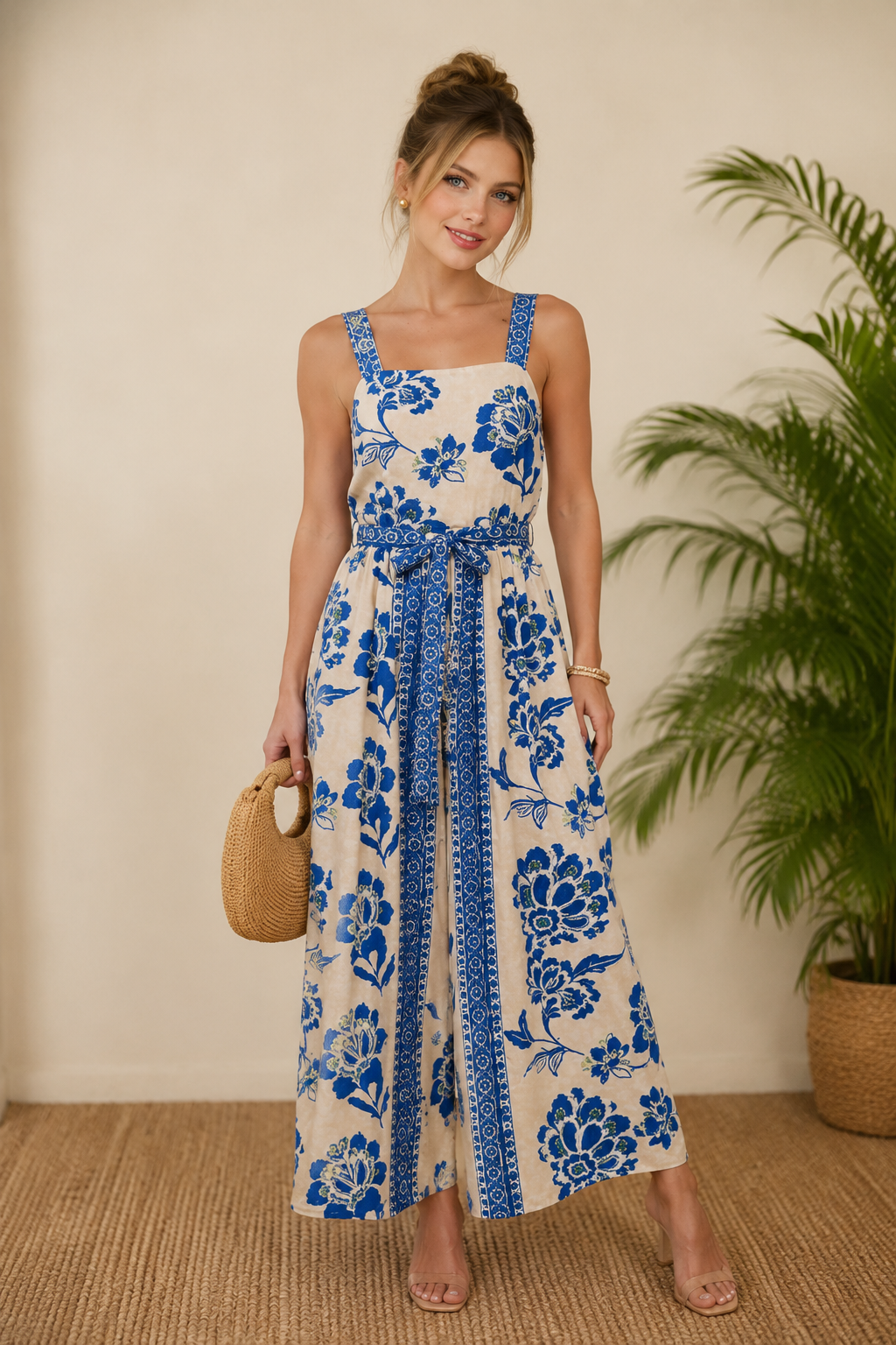 Combinaison Bohème à Imprimé Floral Bleu – Jambes Larges Femme