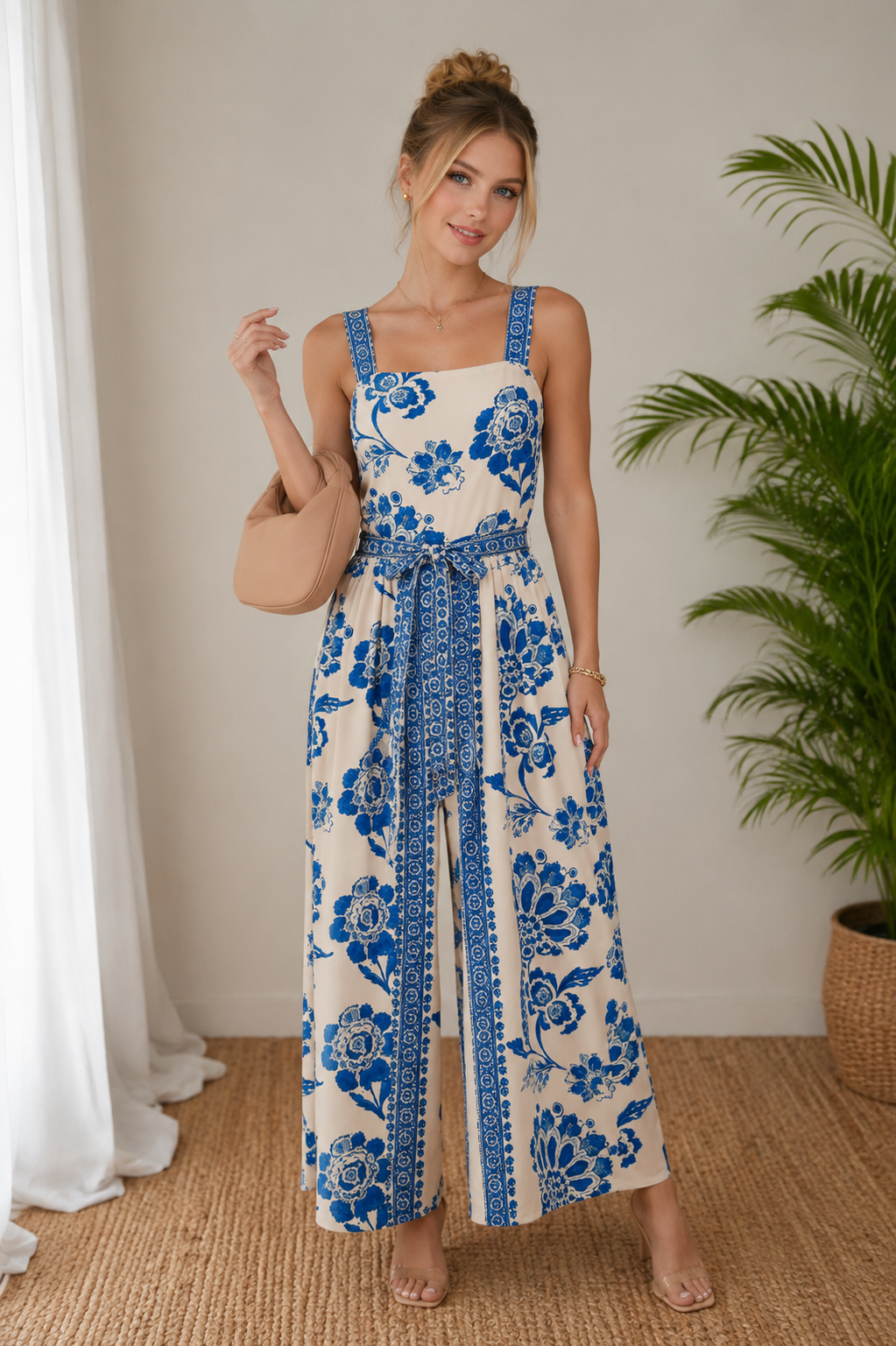 Combinaison Bohème à Imprimé Floral Bleu – Jambes Larges Femme