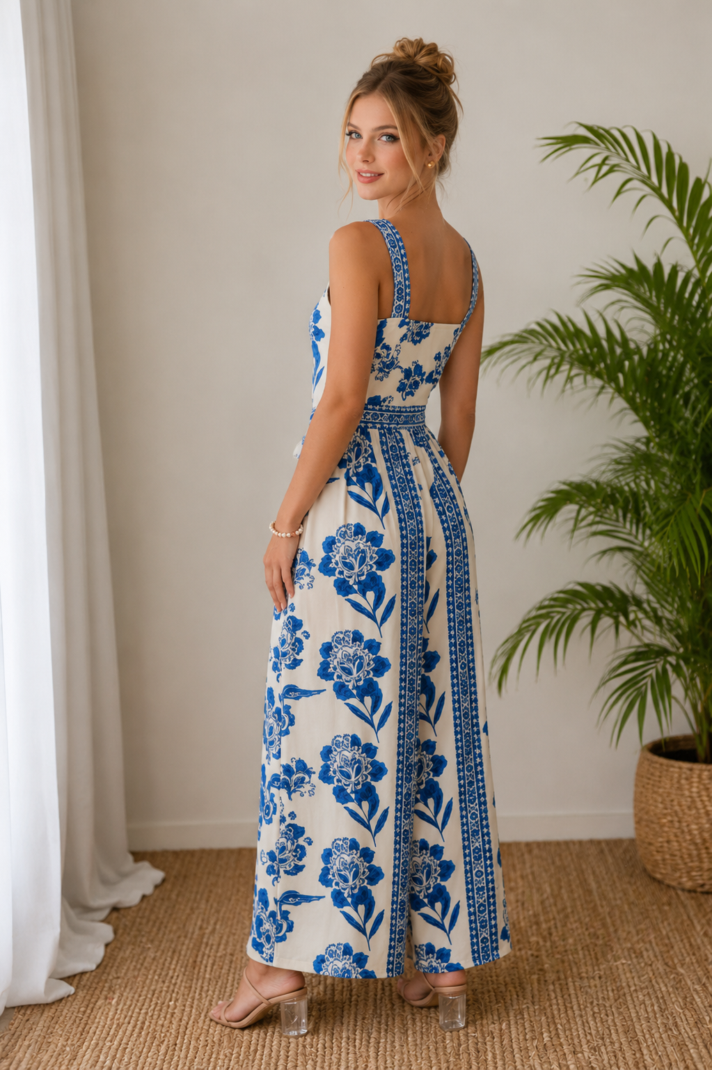 Combinaison Bohème à Imprimé Floral Bleu – Jambes Larges Femme