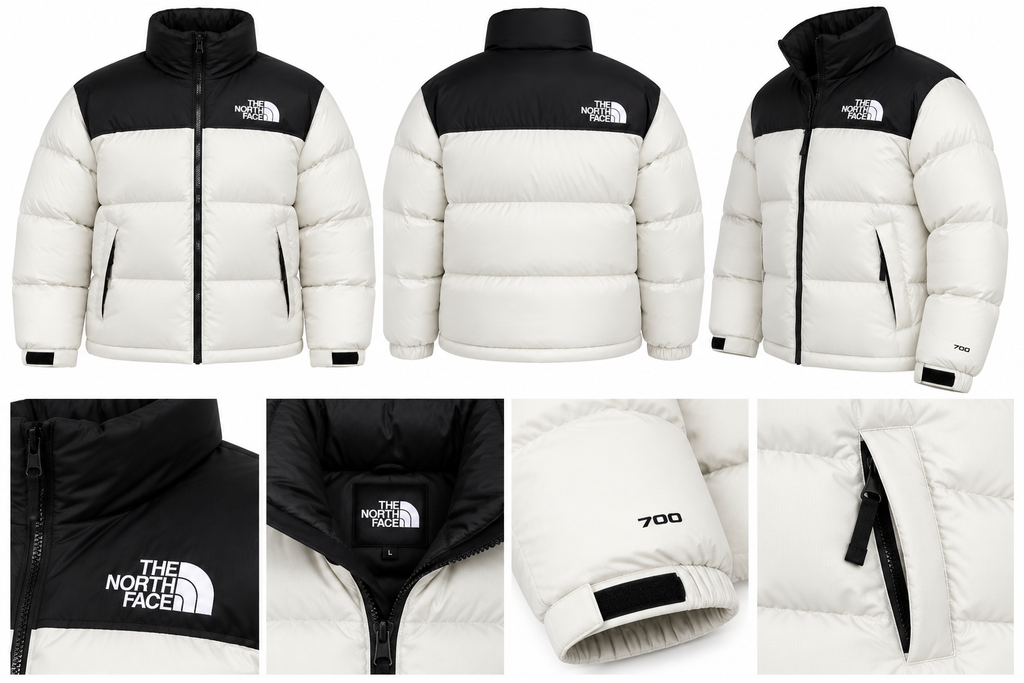 Doudoune The North Face 1996 Retro Nuptse Blanc Cassé et Noire – Duvet 700 Fill, Logos Oversize