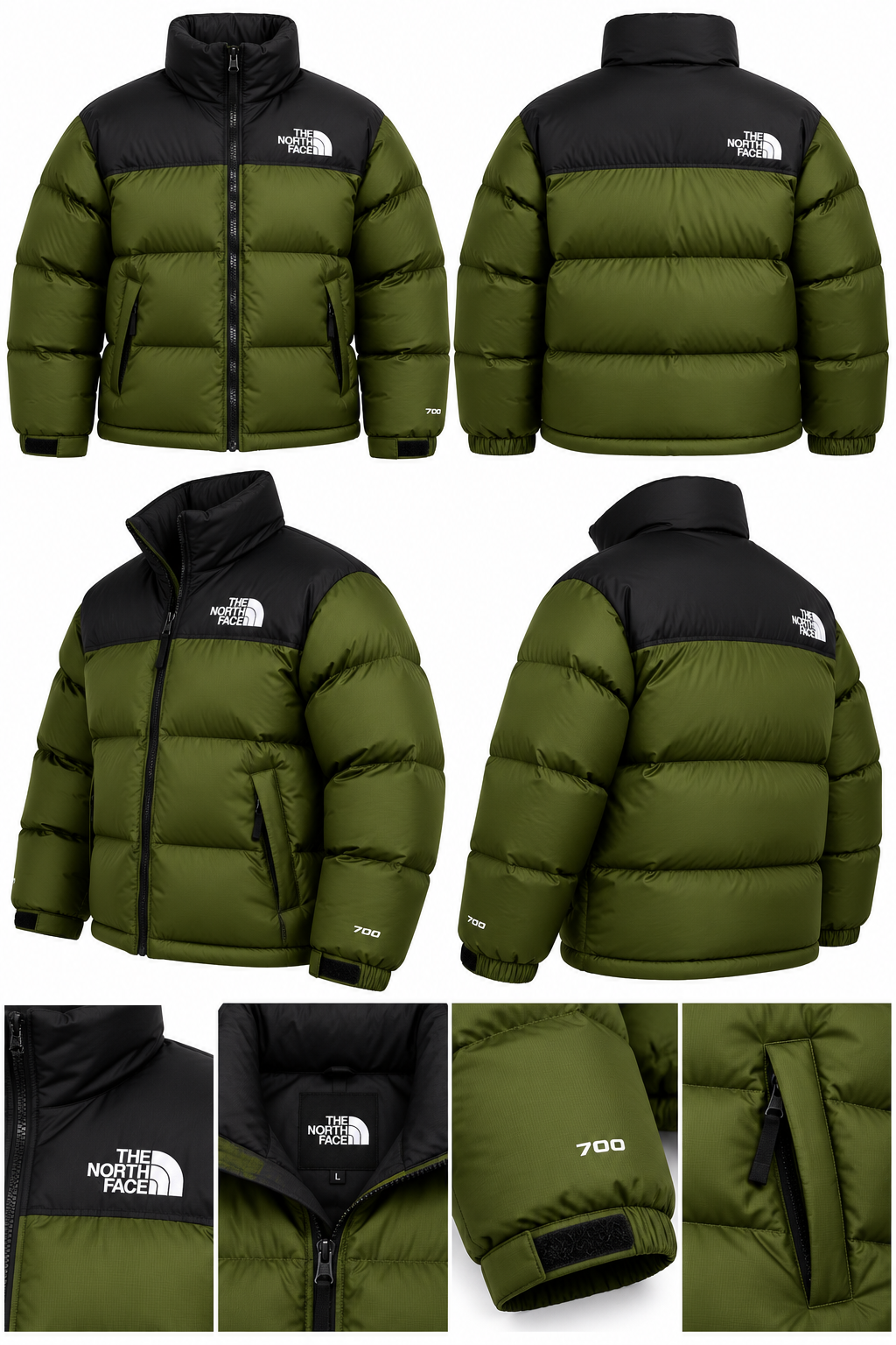 Doudoune The North Face 1996 Retro Nuptse Vert Olive et Noire – Duvet 700 Fill, Logos Oversize