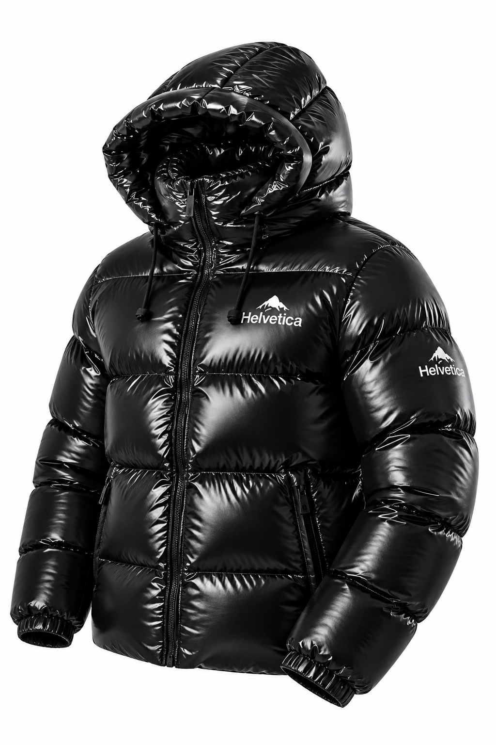 Doudoune Helvetica Cosmos Noire Laquée à Capuche – Cagoule Intégrale, Logo Montagne