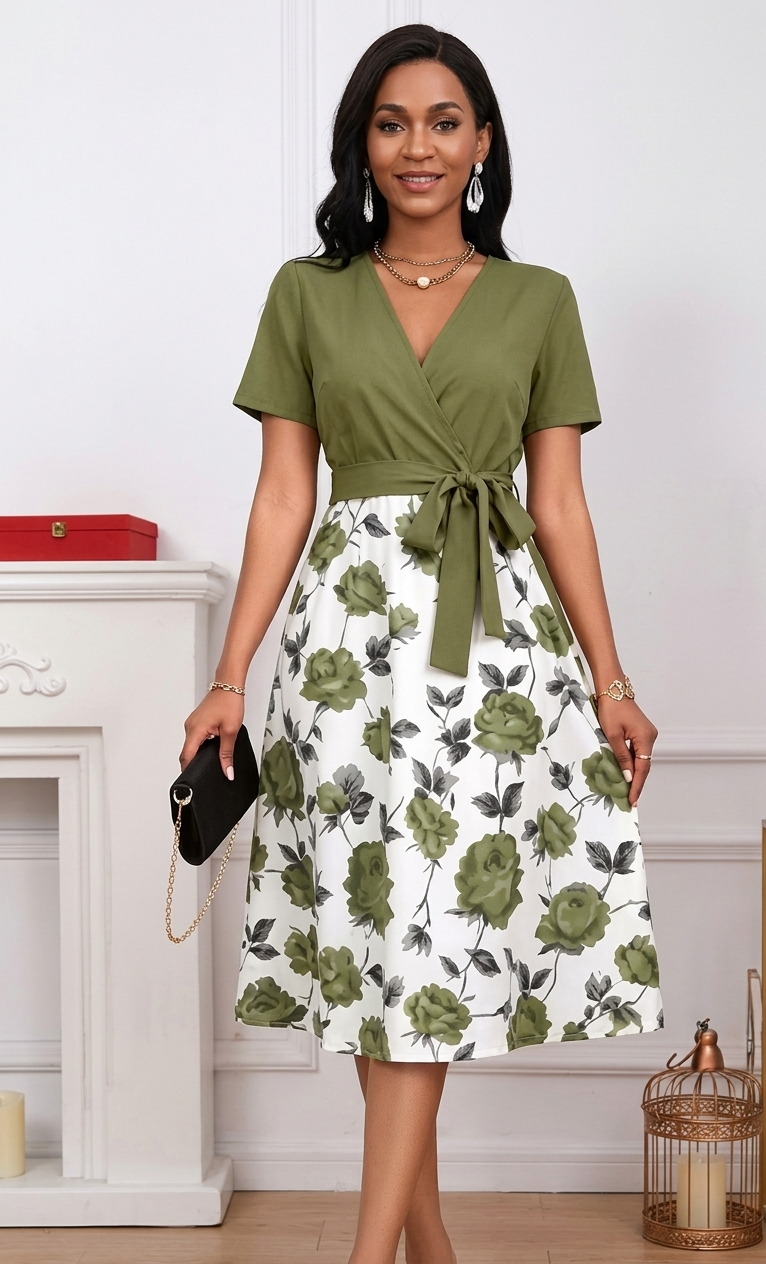 Robe Midi à Imprimé Floral & Taille Nouée 🌸