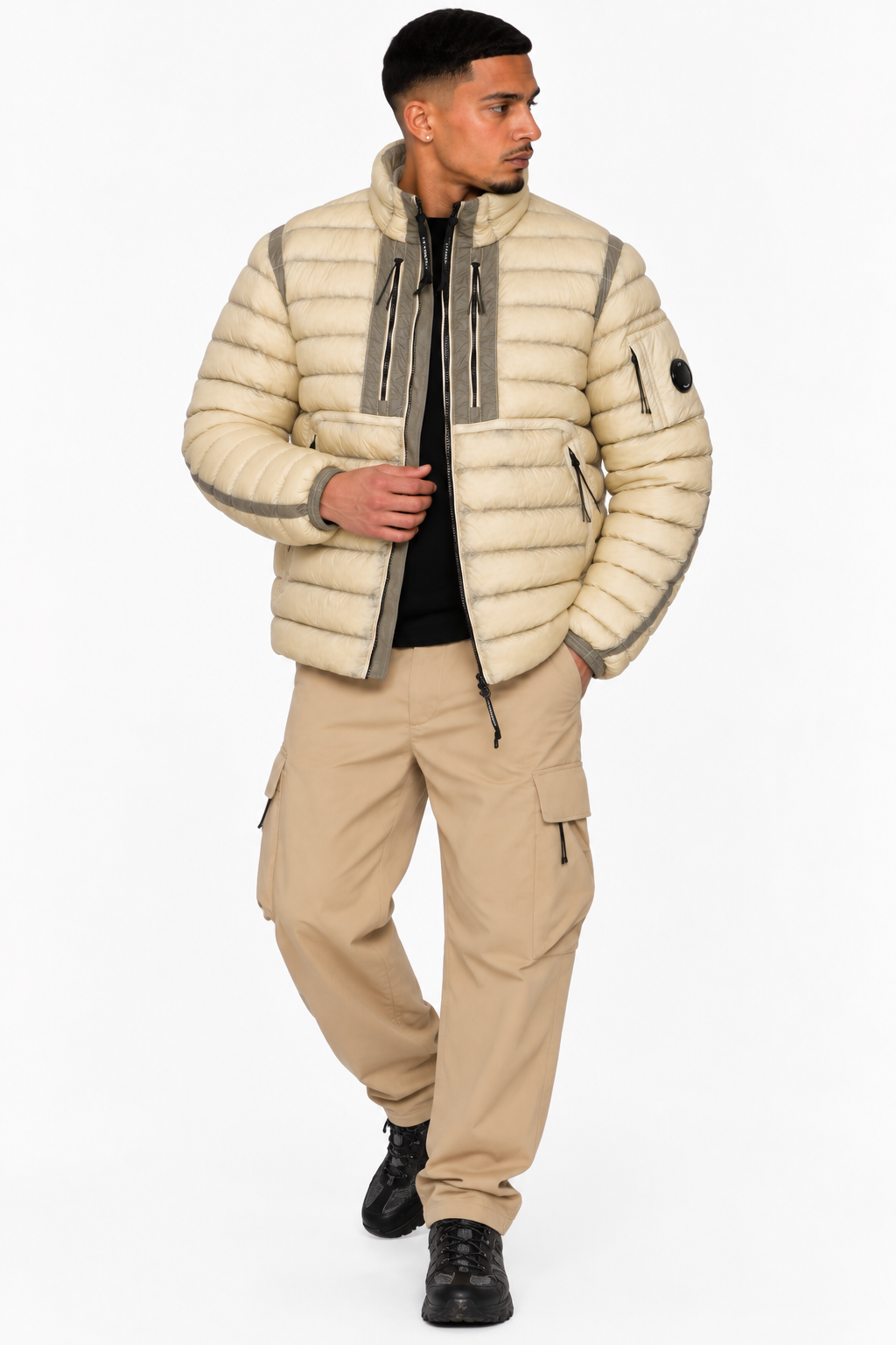 Blouson C.P. Company D.D. Shell Beige – Rembourré en Duvet, Lentille sur la Manche