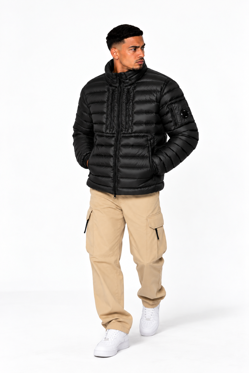 Blouson C.P. Company D.D. Shell Noir – Rembourré en Duvet, Lentille sur la Manche