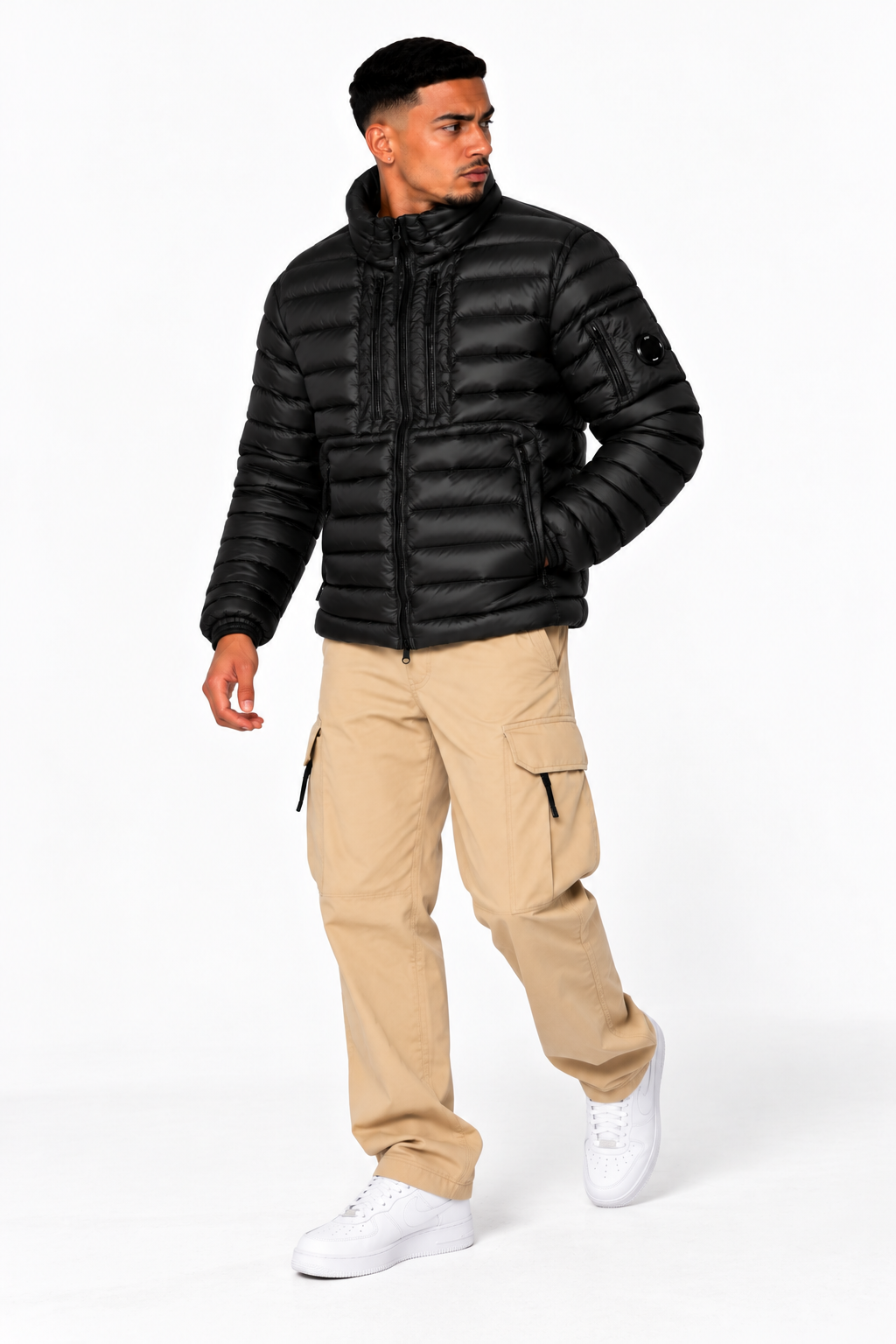 Blouson C.P. Company D.D. Shell Noir – Rembourré en Duvet, Lentille sur la Manche
