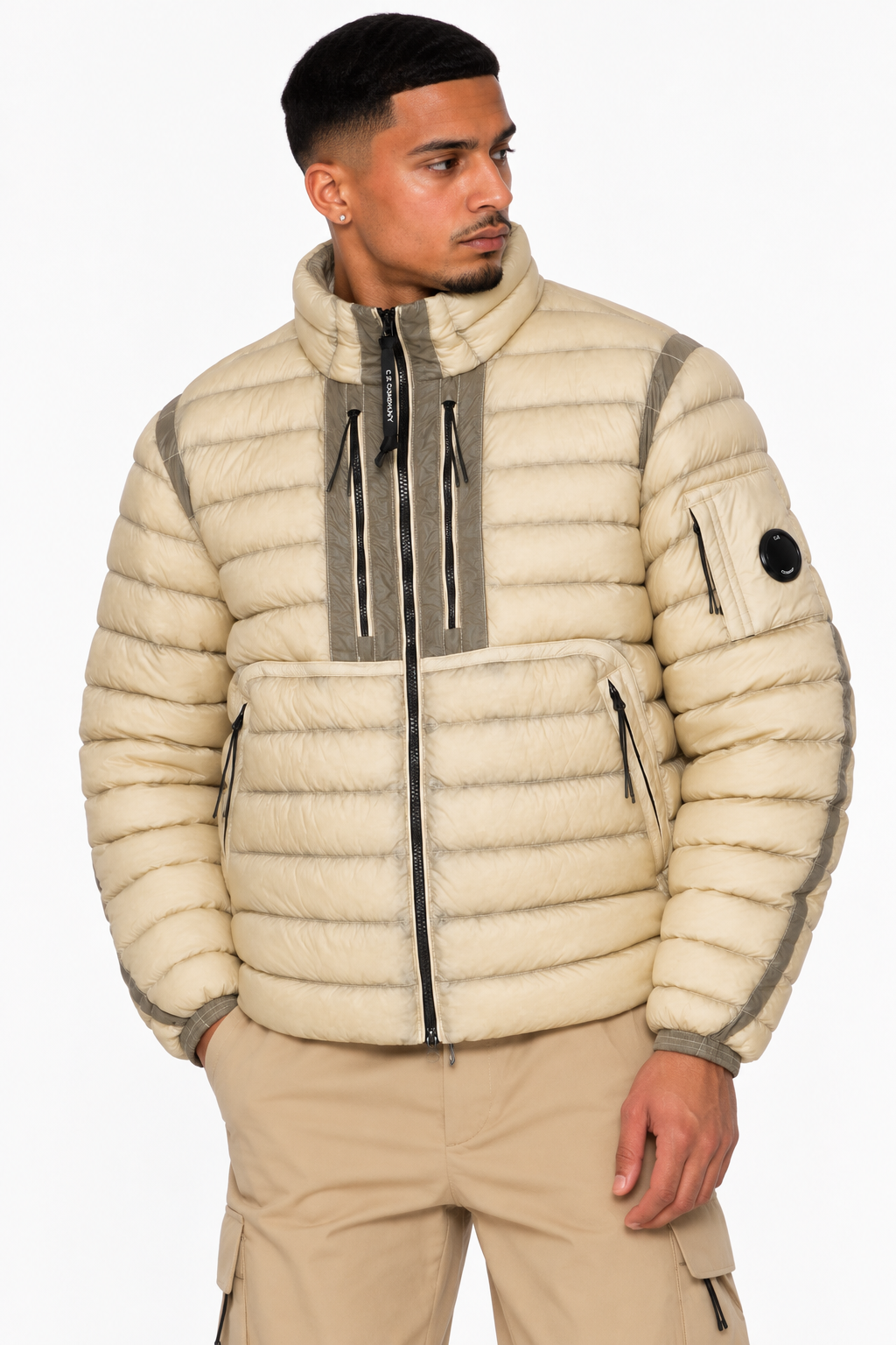 Blouson C.P. Company D.D. Shell Beige – Rembourré en Duvet, Lentille sur la Manche