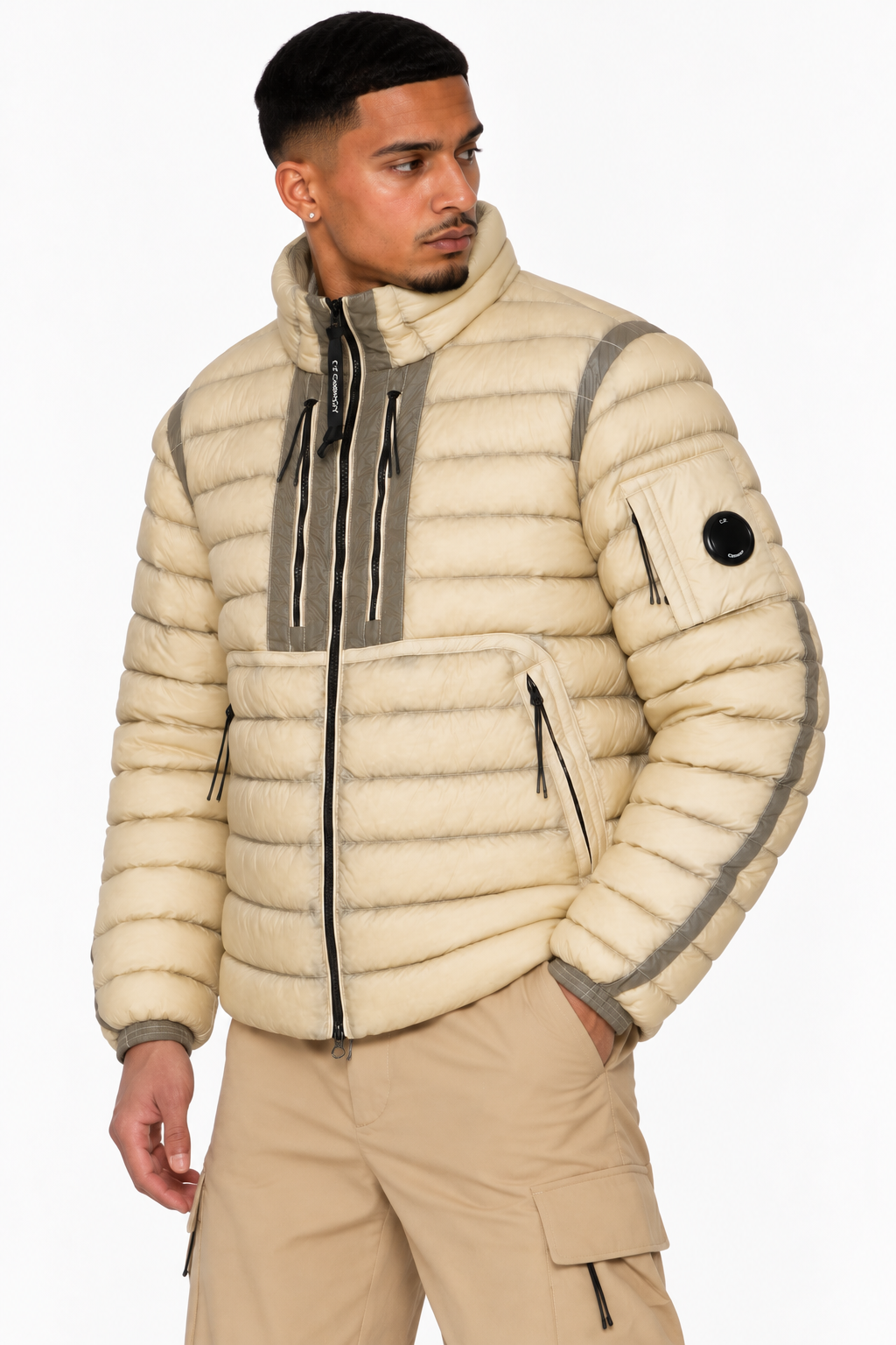 Blouson C.P. Company D.D. Shell Beige – Rembourré en Duvet, Lentille sur la Manche