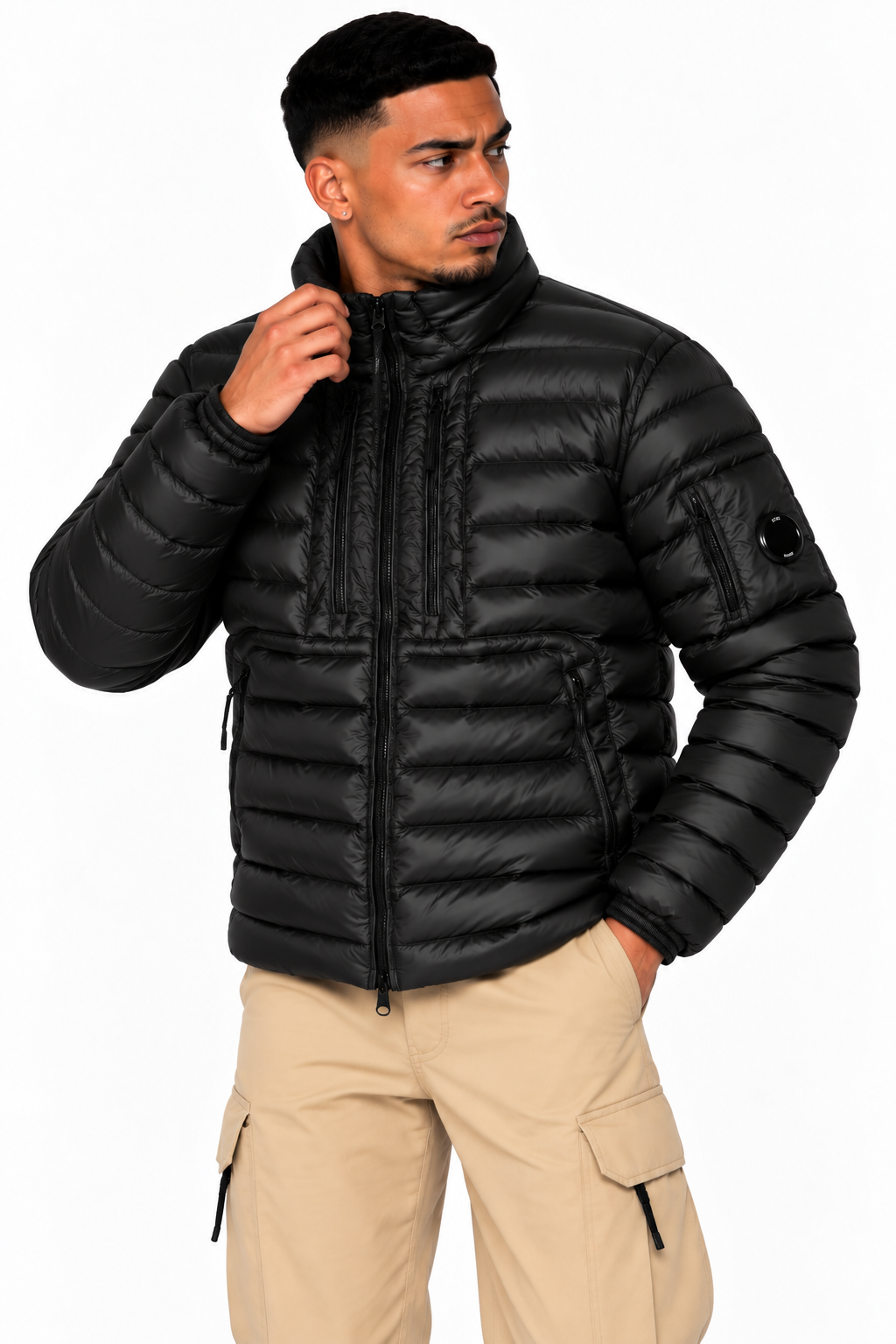 Blouson C.P. Company D.D. Shell Noir – Rembourré en Duvet, Lentille sur la Manche