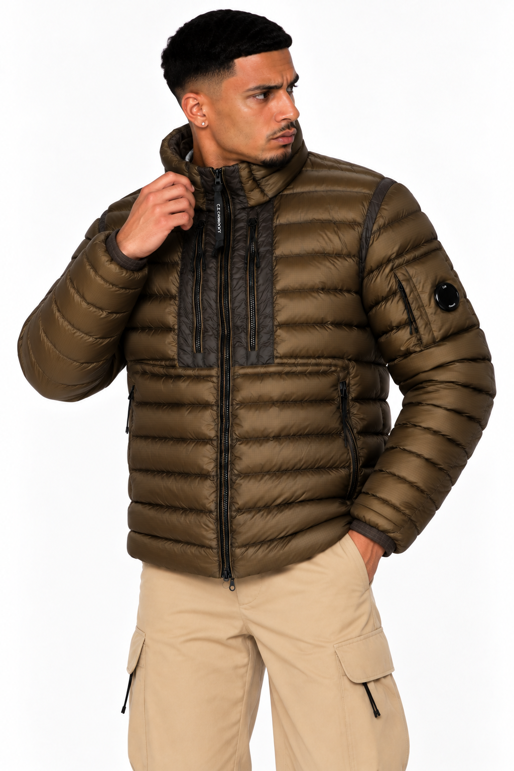 Blouson C.P. Company D.D. Shell Marron – Rembourré en Duvet, Lentille sur la Manche