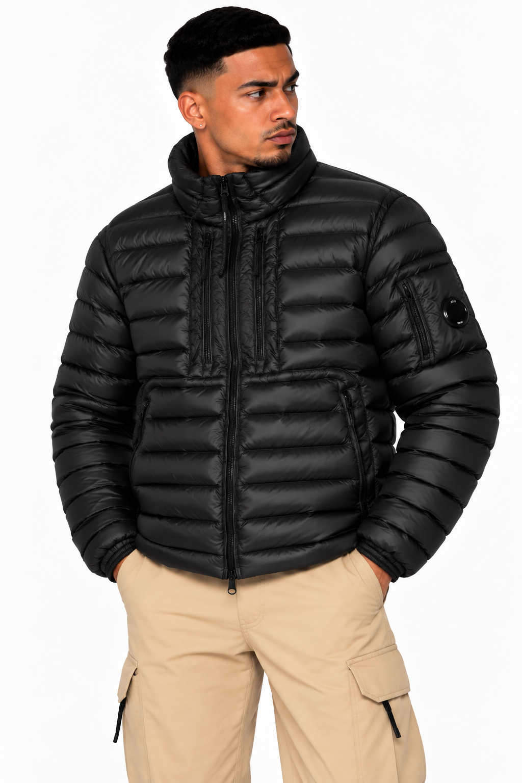 Blouson C.P. Company D.D. Shell Noir – Rembourré en Duvet, Lentille sur la Manche