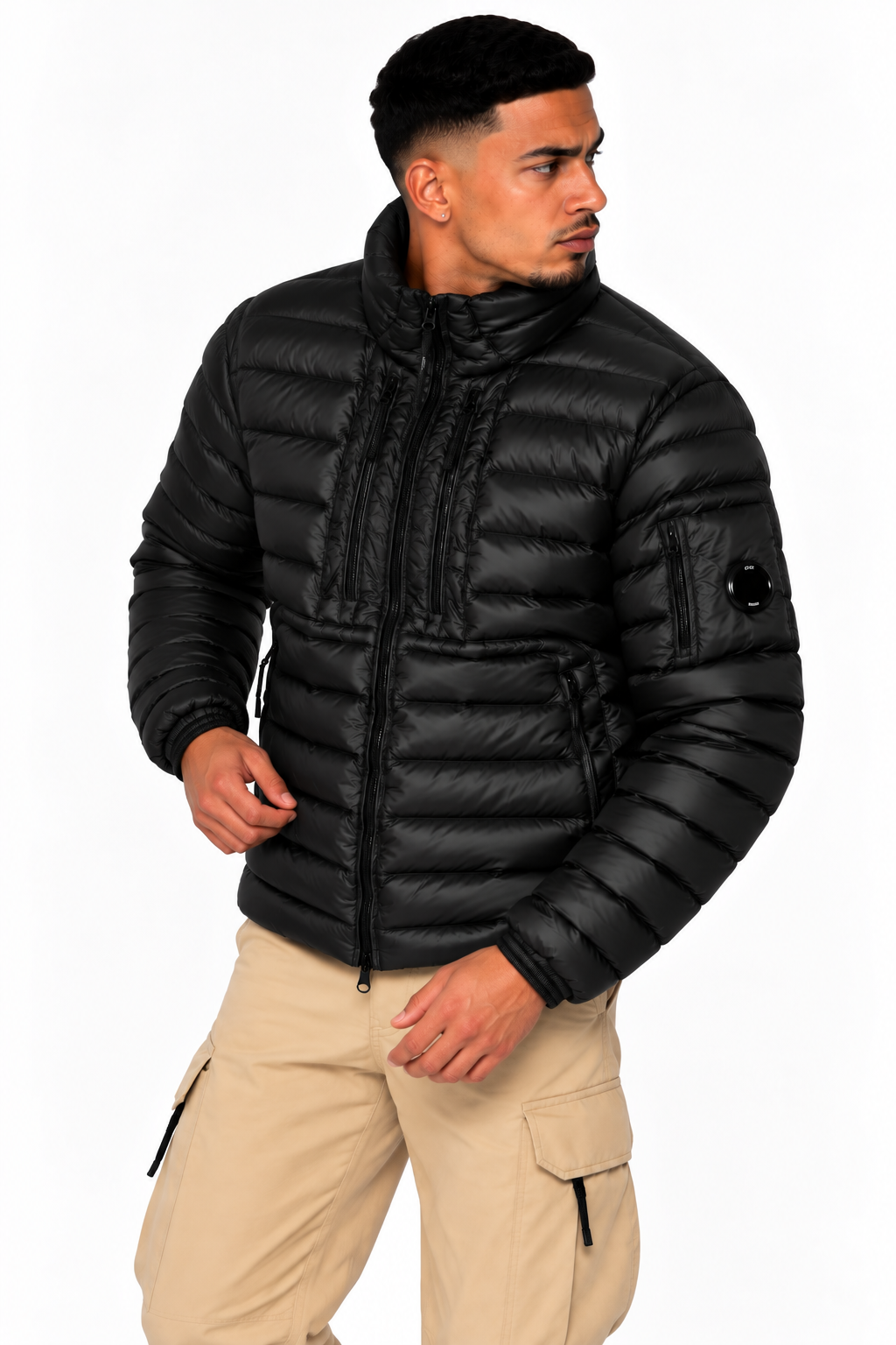 Blouson C.P. Company D.D. Shell Noir – Rembourré en Duvet, Lentille sur la Manche