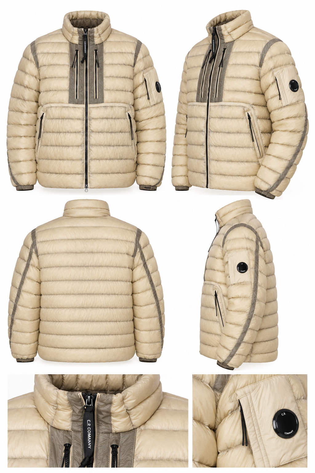 Blouson C.P. Company D.D. Shell Beige – Rembourré en Duvet, Lentille sur la Manche