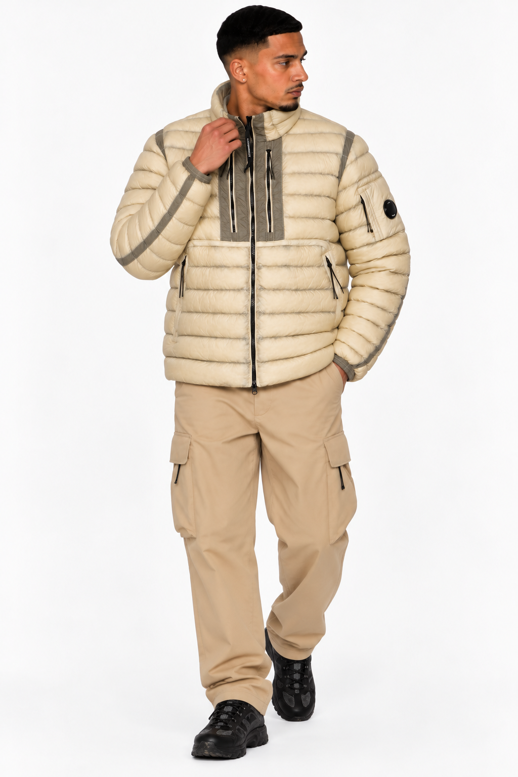 Blouson C.P. Company D.D. Shell Beige – Rembourré en Duvet, Lentille sur la Manche
