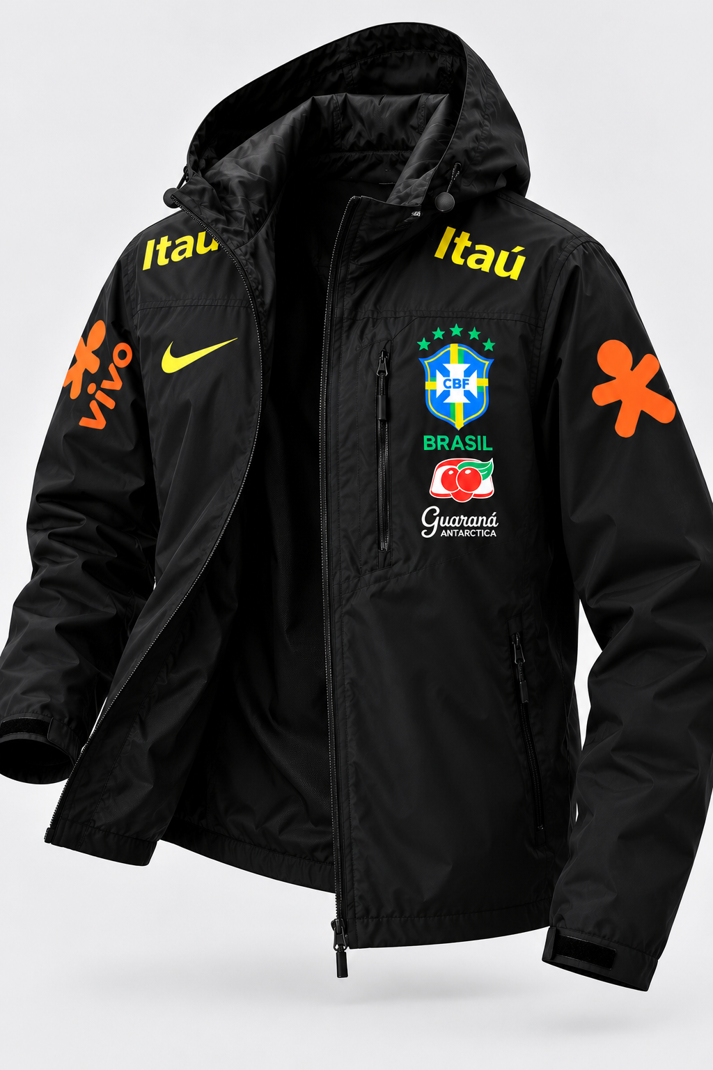 Veste d’Entraînement Équipe du Brésil Noire à Capuche – Écusson CBF, Détails Jaune et Orange