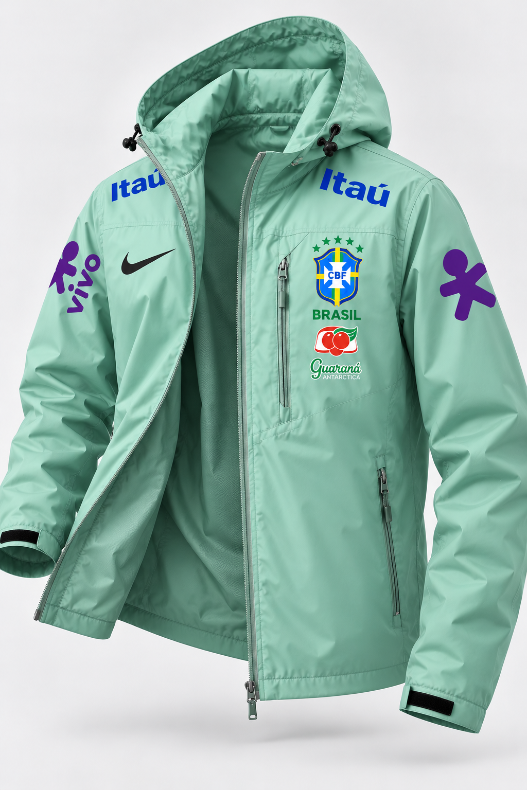 Veste d’Entraînement Équipe du Brésil Vert Menthe à Capuche – Écusson CBF, Logos Bleu et Violet