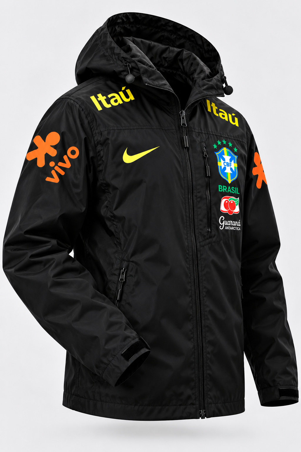 Veste d’Entraînement Équipe du Brésil Noire à Capuche – Écusson CBF, Détails Jaune et Orange