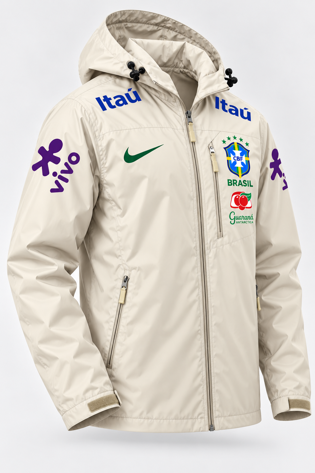Veste d’Entraînement Équipe du Brésil Beige à Capuche – Écusson CBF, Logos Bleu, Violet et Vert