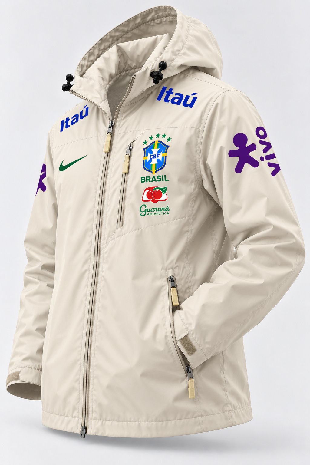 Veste d’Entraînement Équipe du Brésil Beige à Capuche – Écusson CBF, Logos Bleu, Violet et Vert