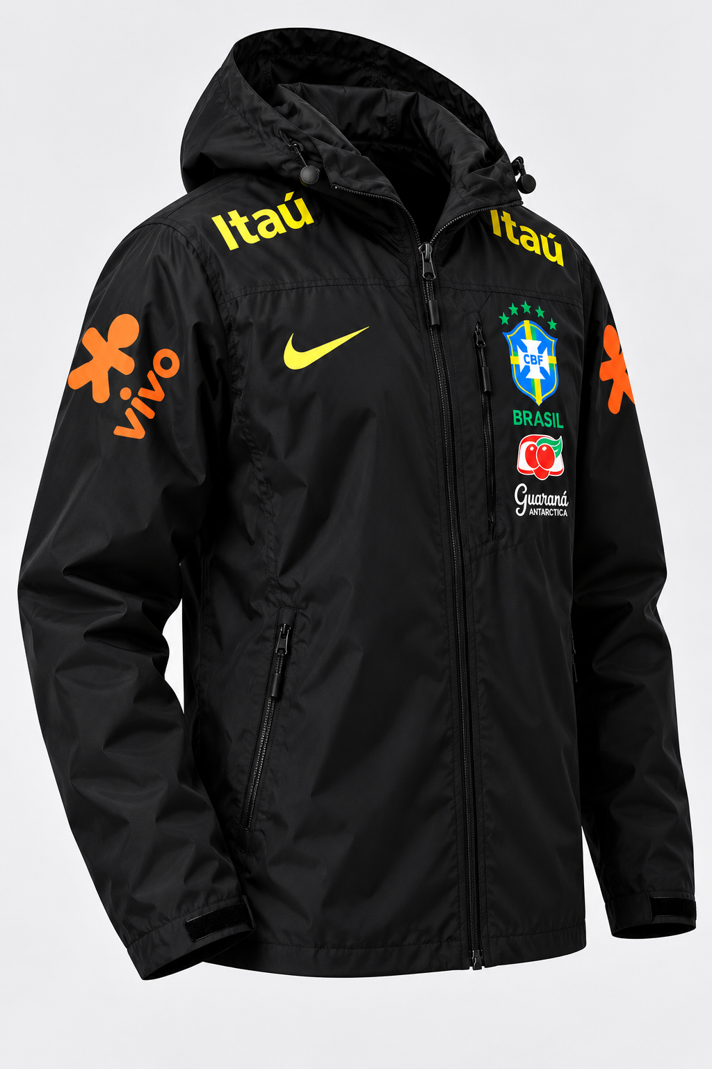 Veste d’Entraînement Équipe du Brésil Noire à Capuche – Écusson CBF, Détails Jaune et Orange
